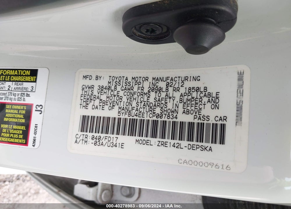 2012 TOYOTA COROLLA S VIN: 5YFBU4EE1CP007834