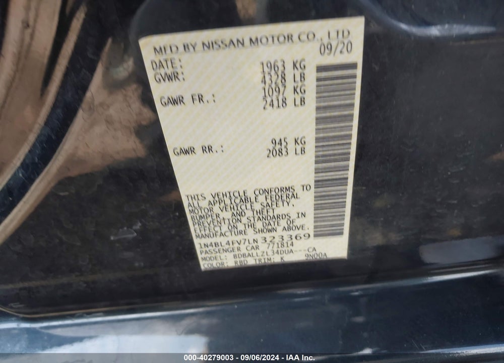 2020 NISSAN ALTIMA PLATINUM FWD VIN: 1N4BL4FV7LN323369