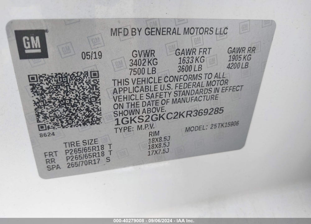 2019 GMC YUKON XL VIN: 1GKS2GKC2KR369285