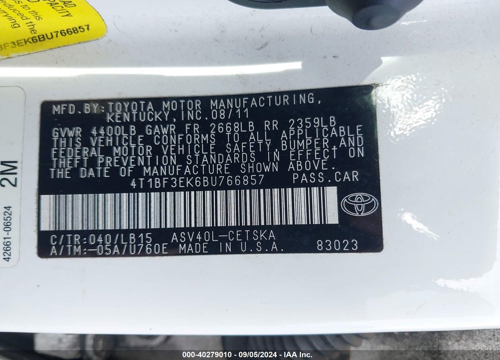 2011 TOYOTA CAMRY SE VIN: 4T1BF3EK6BU766857