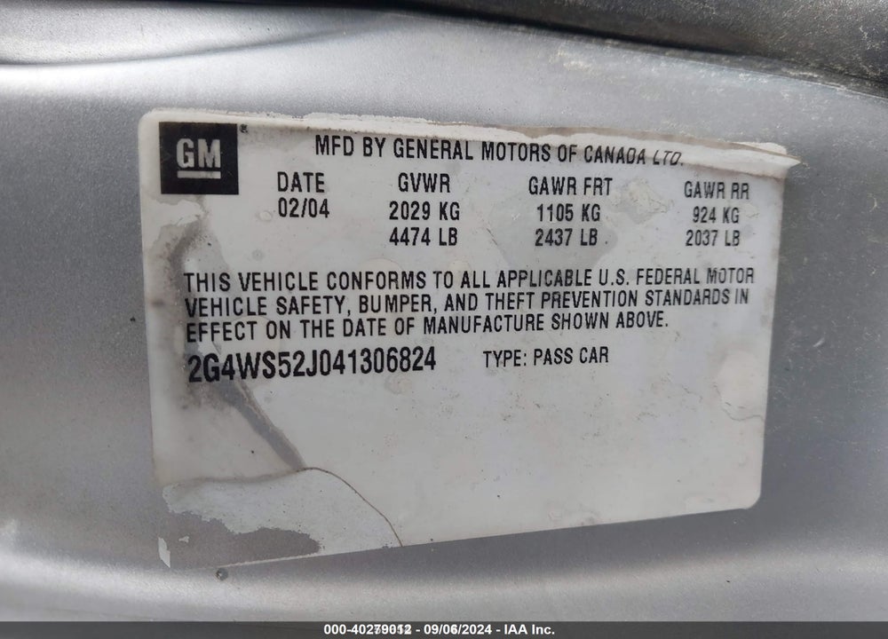 2004 BUICK CENTURY VIN: 2G4WS52J041306824