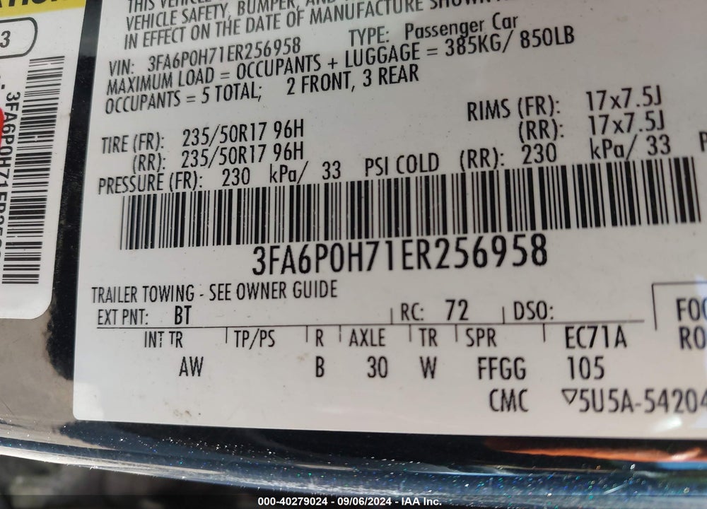 2014 FORD FUSION SE VIN: 3FA6P0H71ER256958