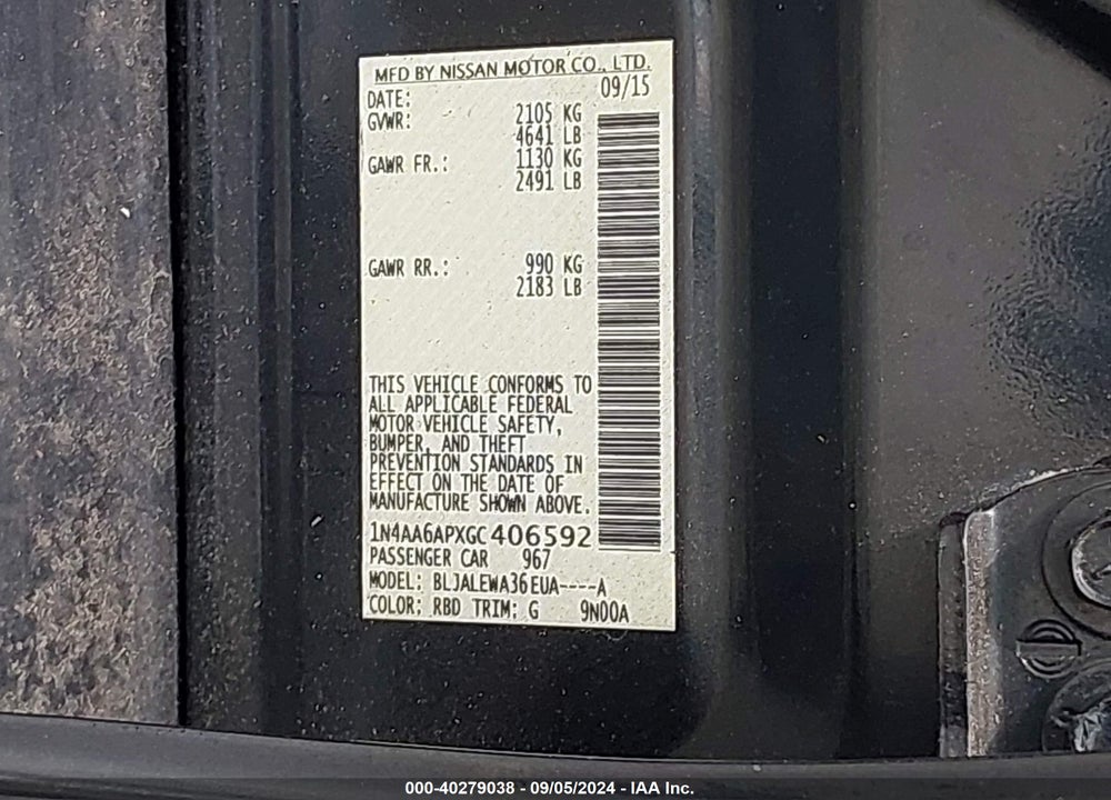 2016 NISSAN MAXIMA 3.5 SL VIN: 1N4AA6APXGC406592