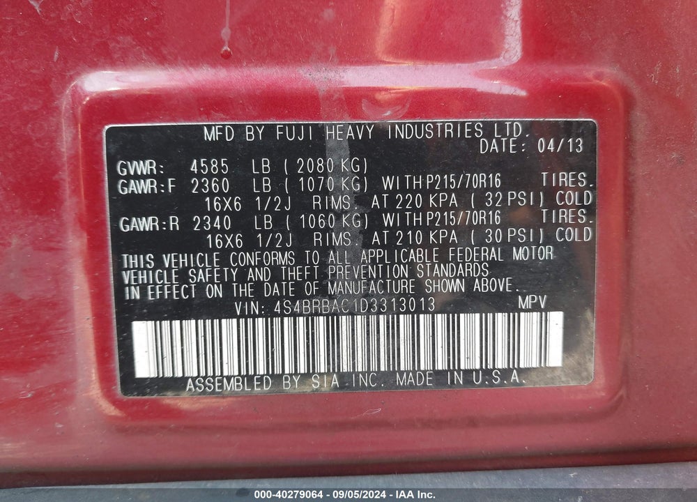 2013 SUBARU OUTBACK 2.5I VIN: 4S4BRBAC1D3313013