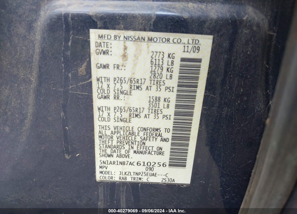 2010 NISSAN PATHFINDER SE VIN: 5N1AR1NB7AC610256