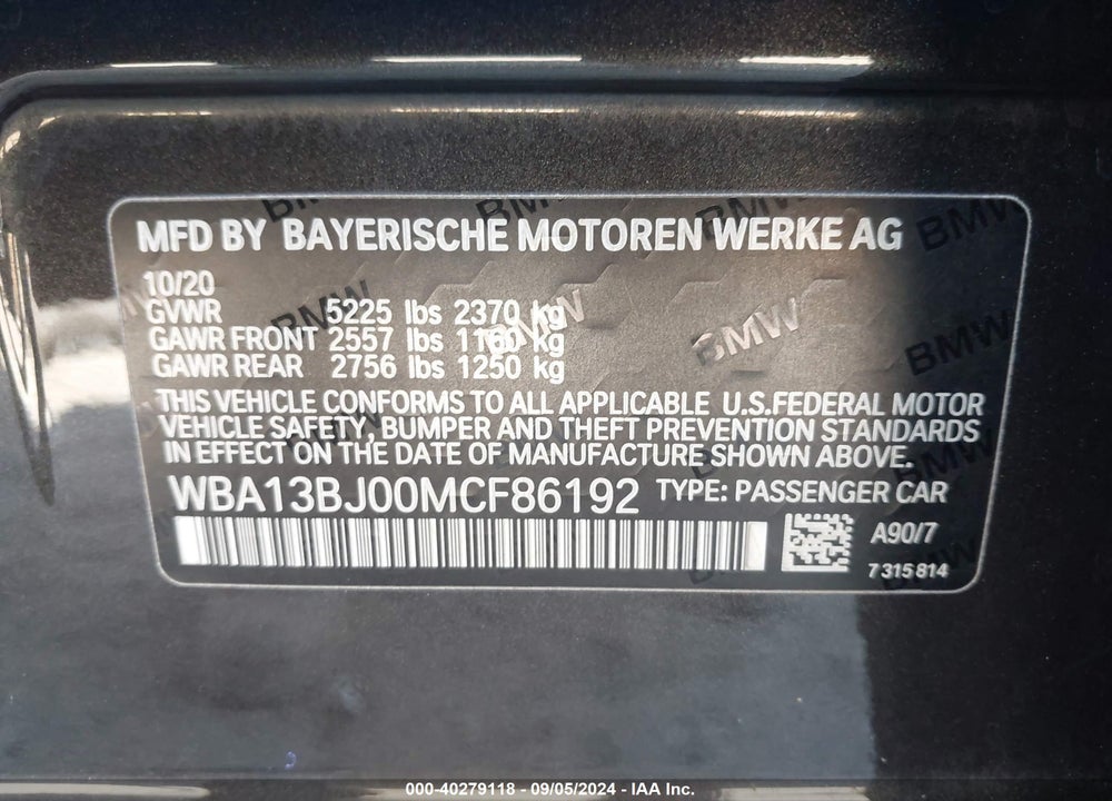 2021 BMW 530I XDRIVE VIN: WBA13BJ00MCF86192