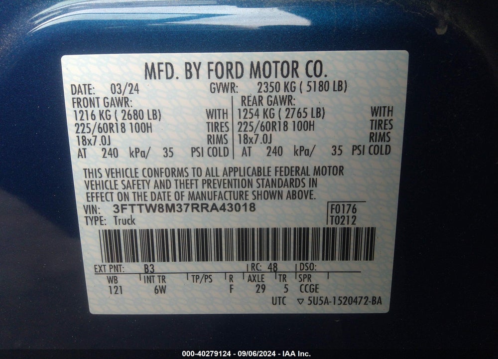 2024 FORD MAVERICK LARIAT VIN: 3FTTW8M37RRA43018