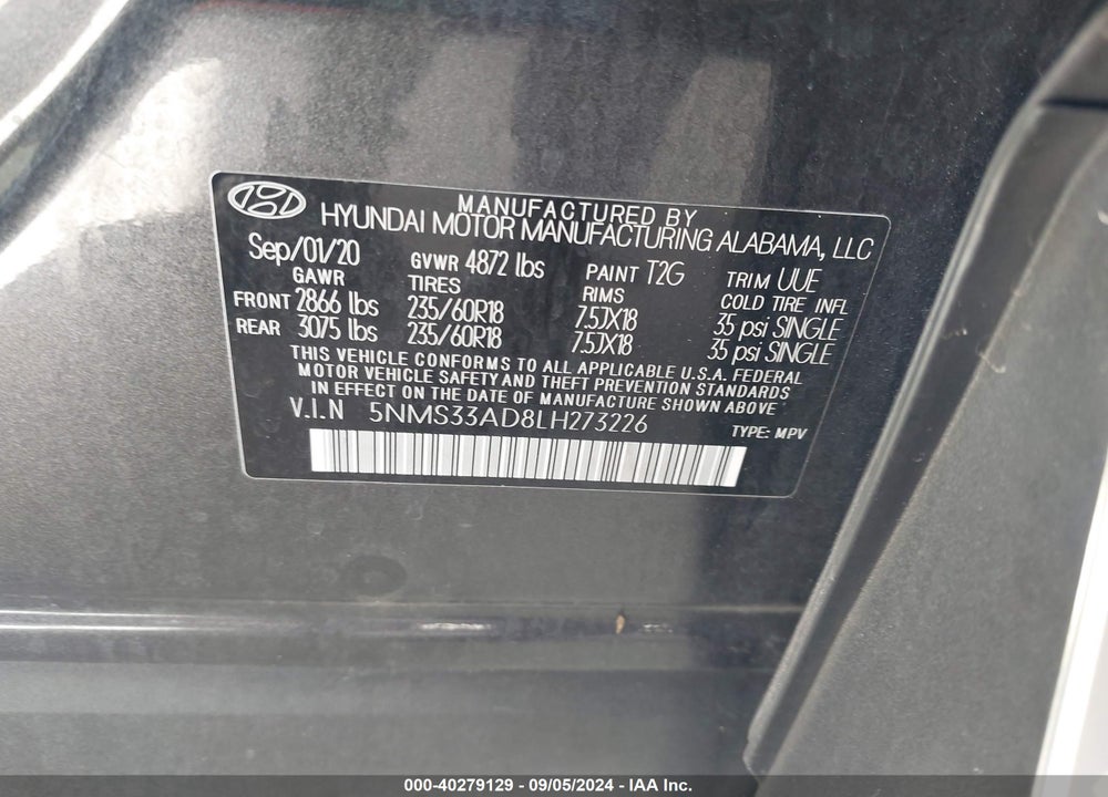 2020 HYUNDAI SANTA FE SEL VIN: 5NMS33AD8LH273226
