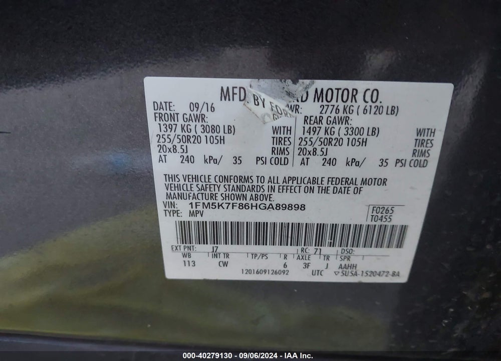 2017 FORD EXPLORER LIMITED VIN: 1FM5K7F86HGA89898