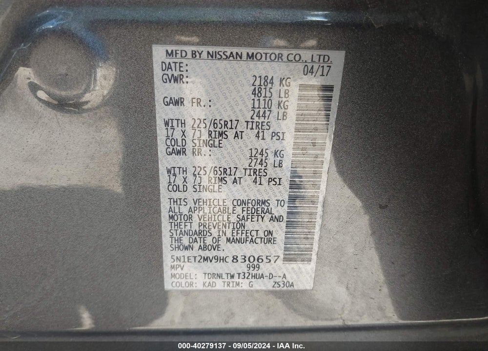 2017 NISSAN ROGUE HYBRID SV VIN: 5N1ET2MV9HC830657