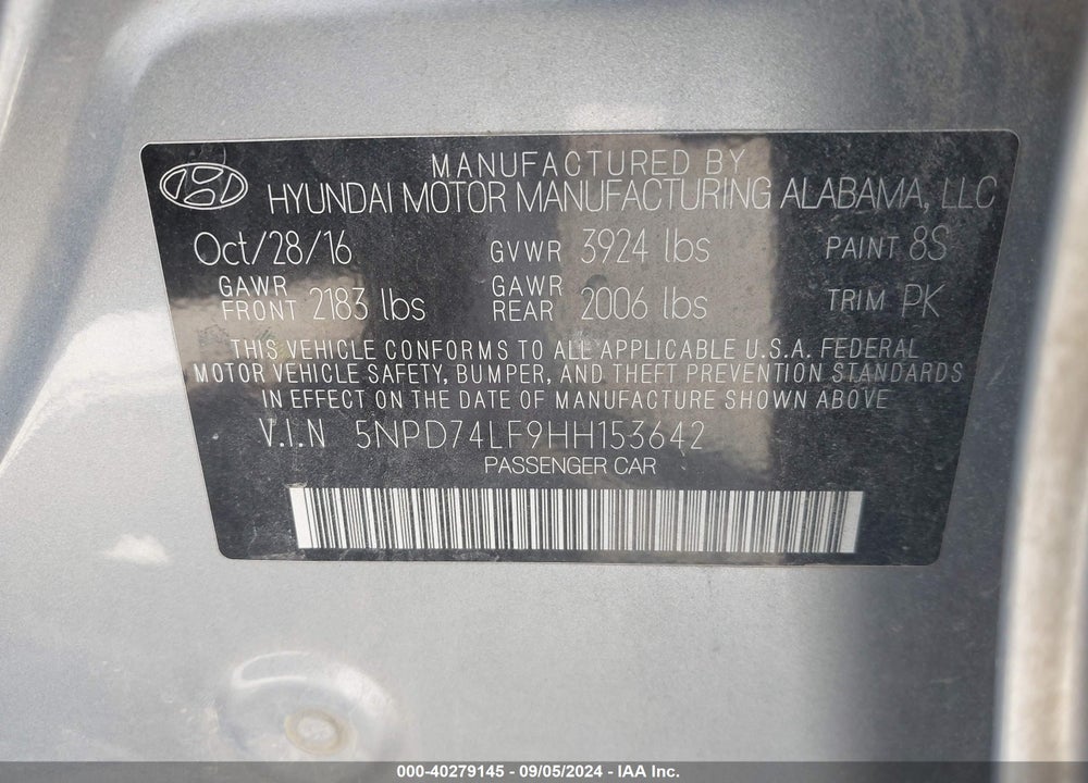 2017 HYUNDAI ELANTRA VIN: 5NPD74LF9HH153642