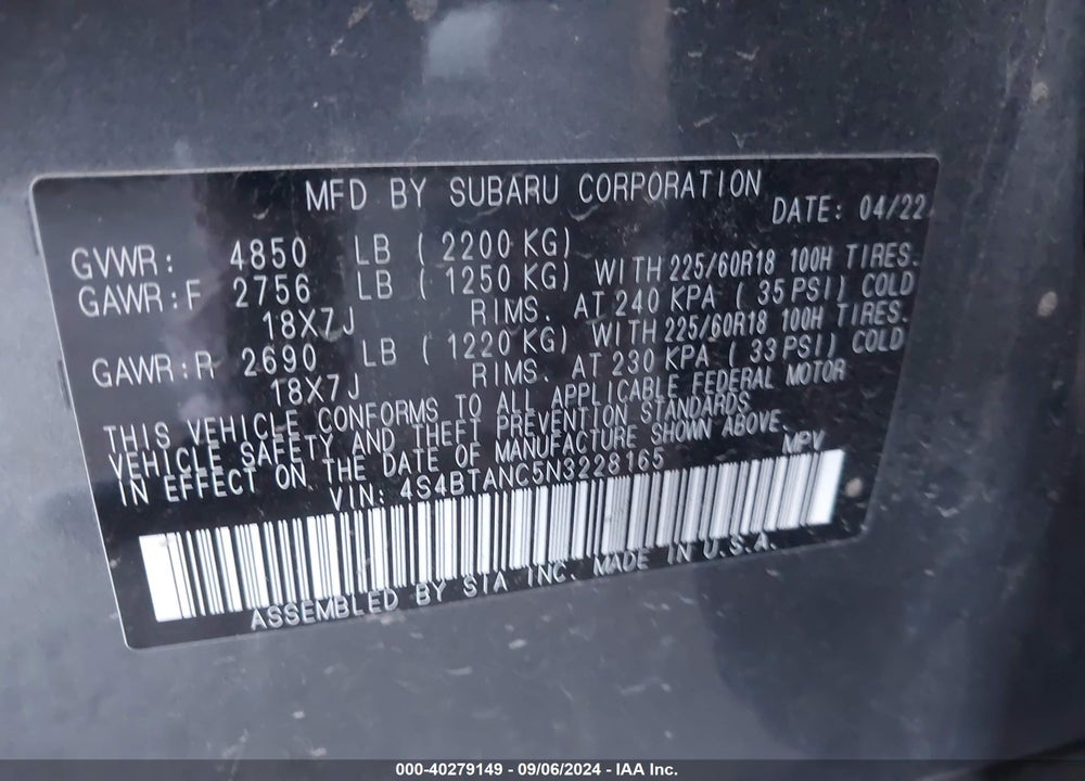 2022 SUBARU OUTBACK LIMITED VIN: 4S4BTANC5N3228165
