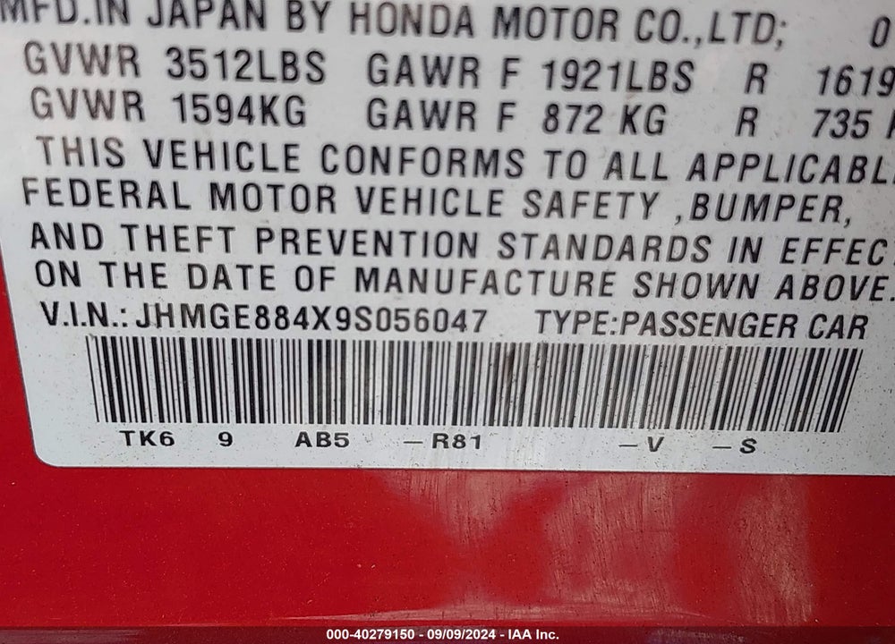 2009 HONDA FIT SPORT VIN: JHMGE884X9S056047
