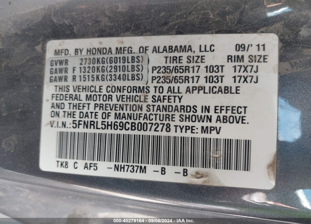 2012 HONDA ODYSSEY EX-L VIN: 5FNRL5H69CB007278