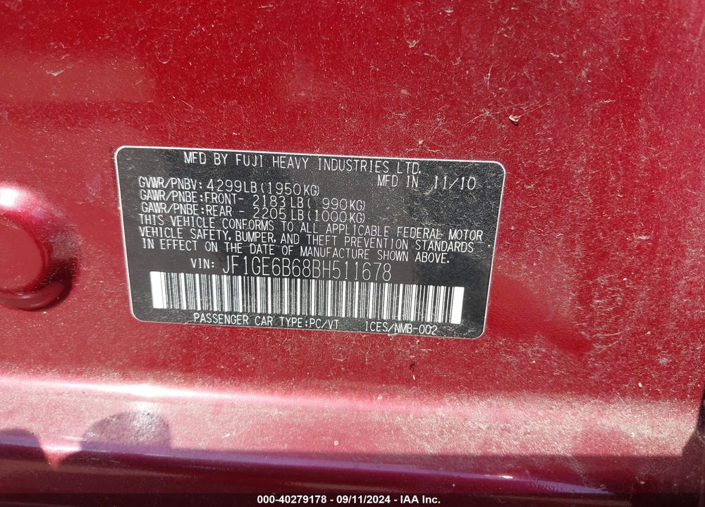 2011 SUBARU IMPREZA 2.5I PREMIUM VIN: JF1GE6B68BH511678