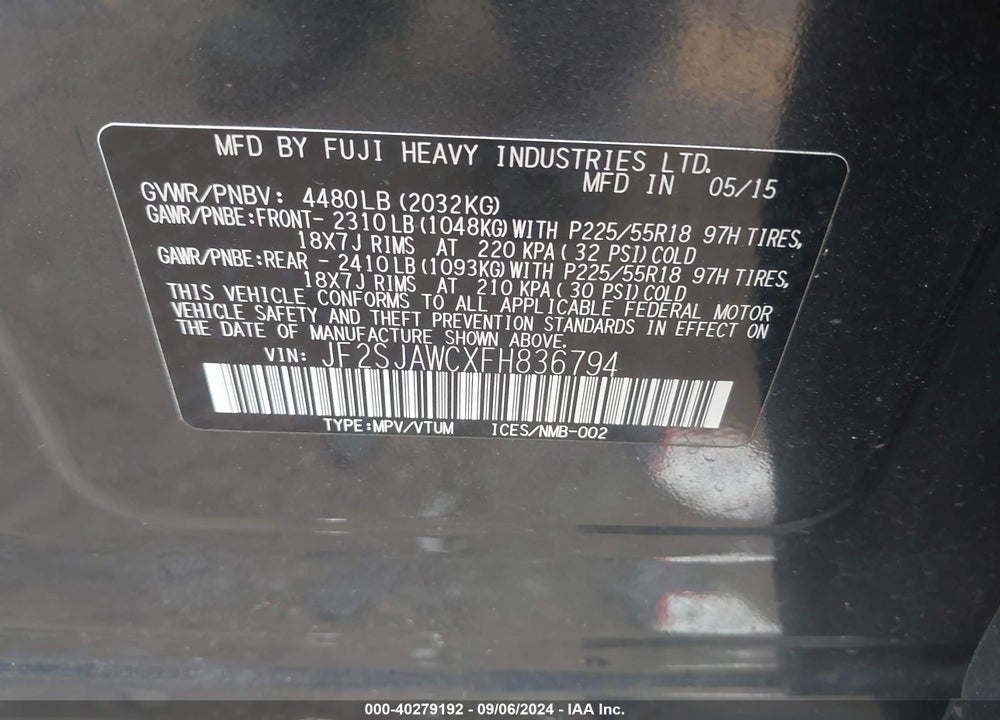 2015 SUBARU FORESTER 2.5I TOURING VIN: JF2SJAWCXFH836794