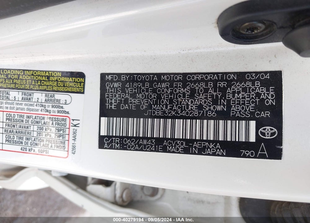 2004 TOYOTA CAMRY LE VIN: JTDBE32K340287186