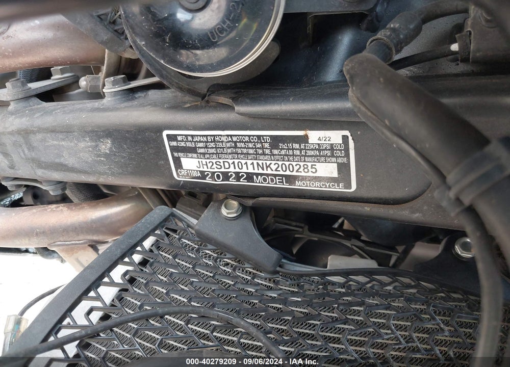 2022 HONDA CRF1100 A VIN: JH2SD1011NK200285