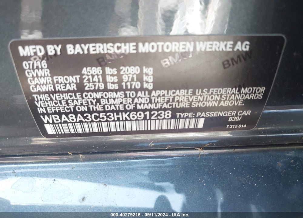 2017 BMW 320I VIN: WBA8A3C53HK691238