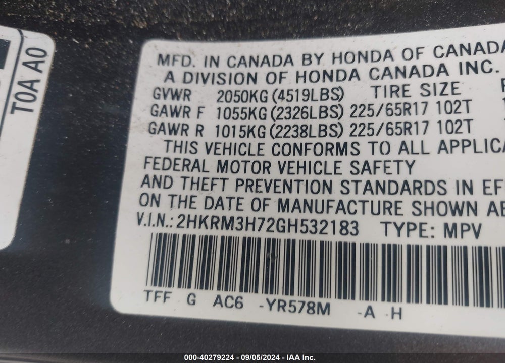 2016 HONDA CR-V EX-L VIN: 2HKRM3H72GH532183