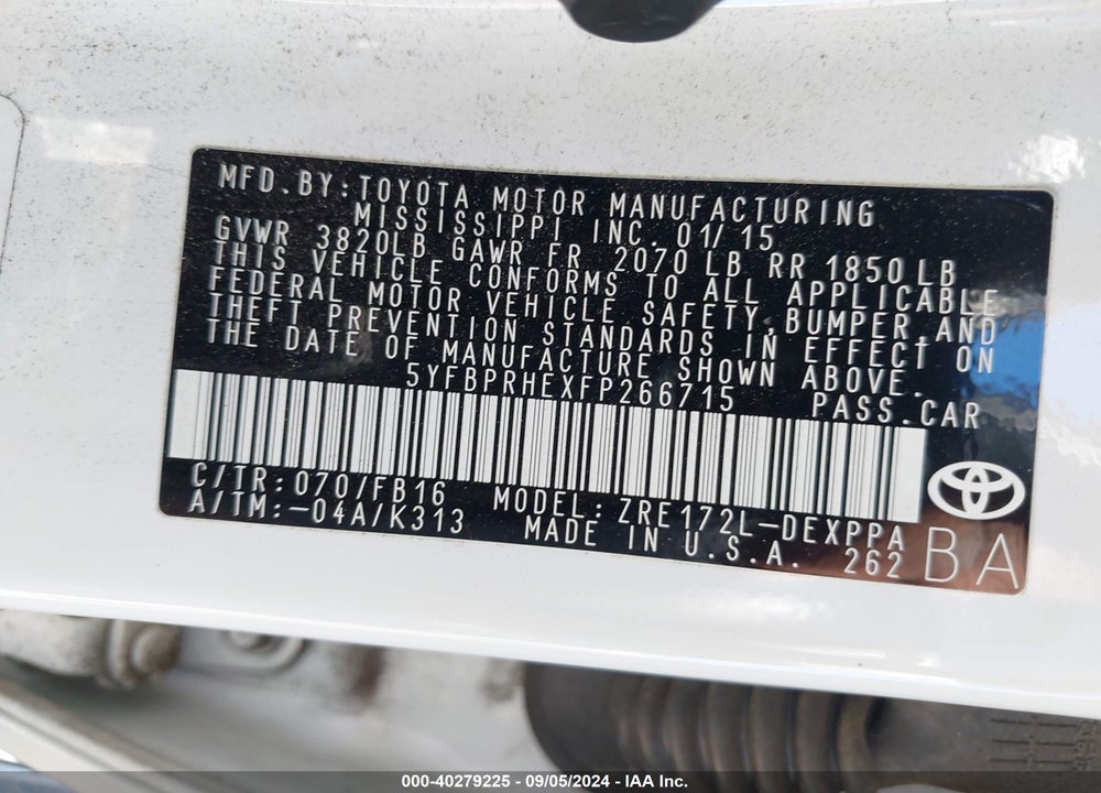 2015 TOYOTA COROLLA LE ECO/LE ECO PLUS/LE ECO PREMIUM VIN: 5YFBPRHEXFP266715