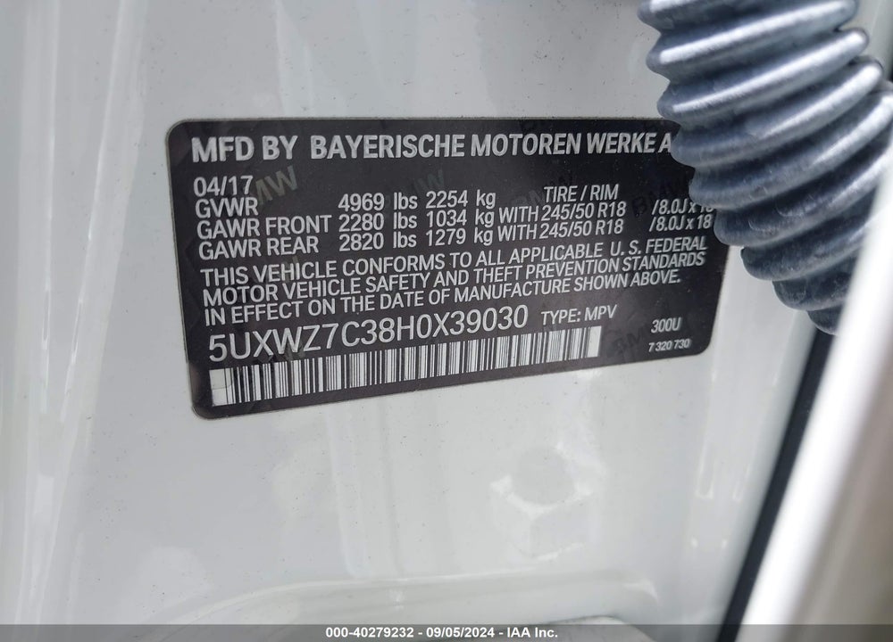 2017 BMW X3 SDRIVE28I VIN: 5UXWZ7C38H0X39030