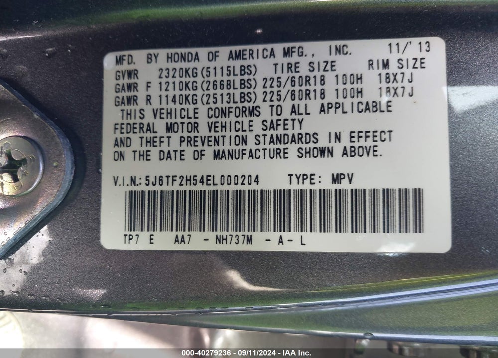 2014 HONDA CROSSTOUR EX-L V6 VIN: 5J6TF2H54EL000204
