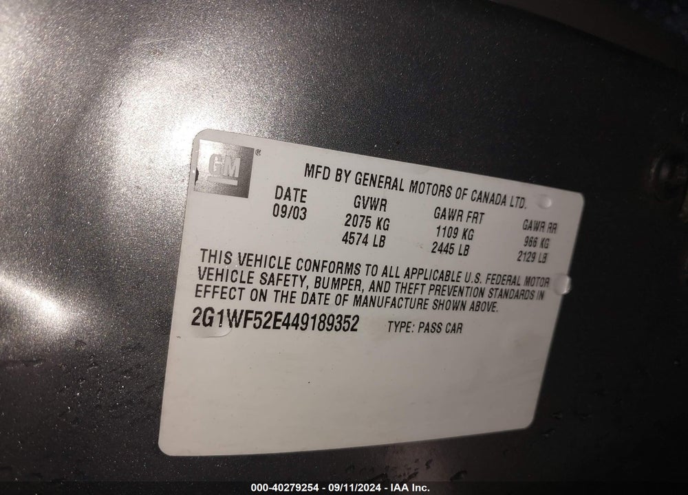 2004 CHEVROLET IMPALA VIN: 2G1WF52E449189352