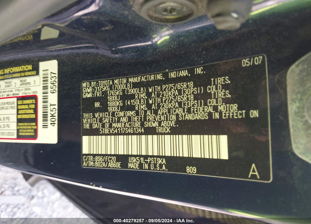 2007 TOYOTA TUNDRA SR5 5.7L V8 VIN: 5TBEV54117S461344