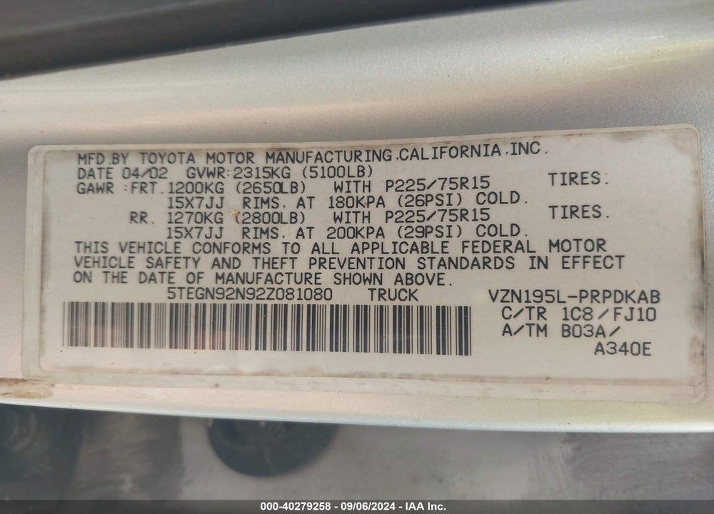 2002 TOYOTA TACOMA PRERUNNER V6 VIN: 5TEGN92N92Z081080