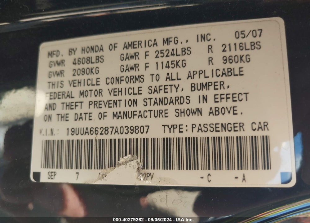 2007 ACURA TL 3.2 VIN: 19UUA66287A039807