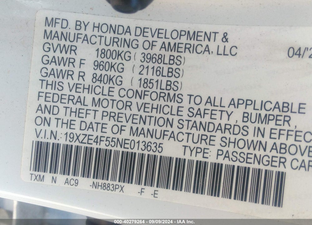 2022 HONDA INSIGHT EX VIN: 19XZE4F55NE013635