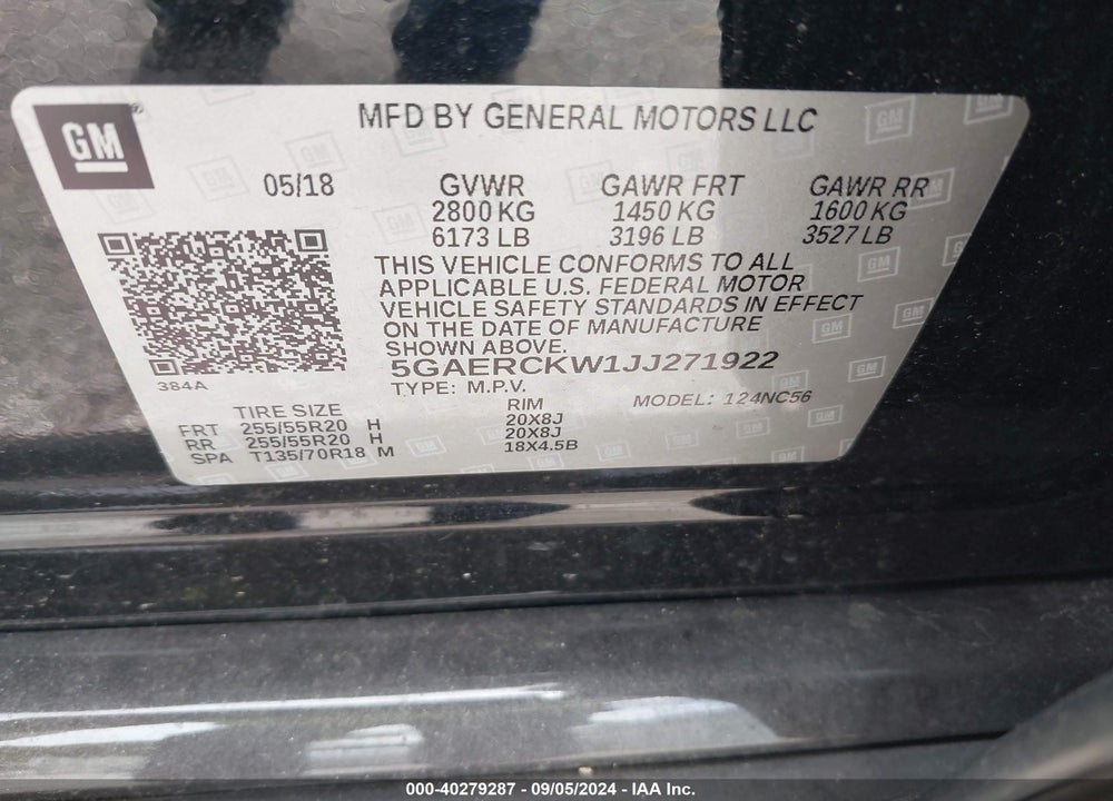2018 BUICK ENCLAVE PREMIUM VIN: 5GAERCKW1JJ271922