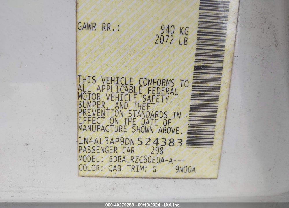 2013 NISSAN ALTIMA VIN: 1N4AL3AP9DN524383
