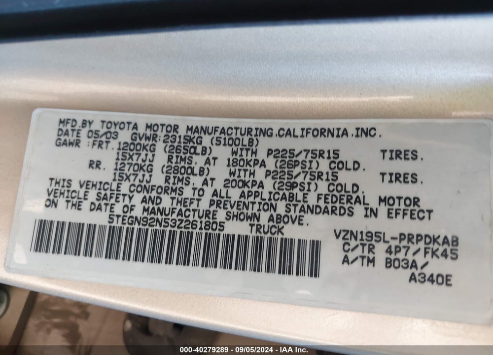 2003 TOYOTA TACOMA PRERUNNER V6 VIN: 5TEGN92N53Z261805