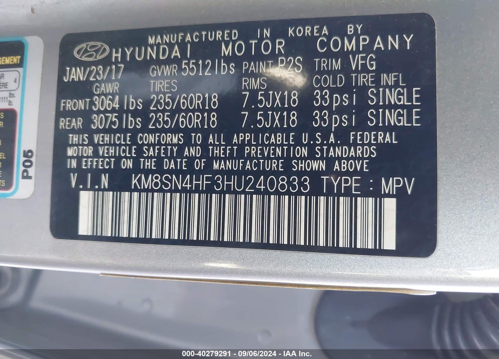 2017 HYUNDAI SANTA FE LIMITED VIN: KM8SN4HF3HU240833