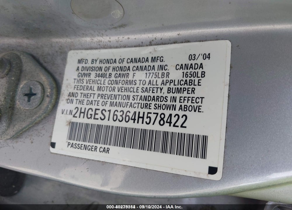 2004 HONDA CIVIC VP VIN: 2HGES16364H578422