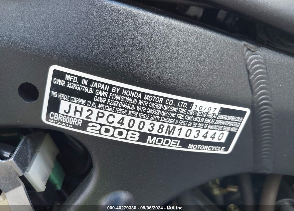 2008 HONDA CBR600 RR VIN: JH2PC40038M103440