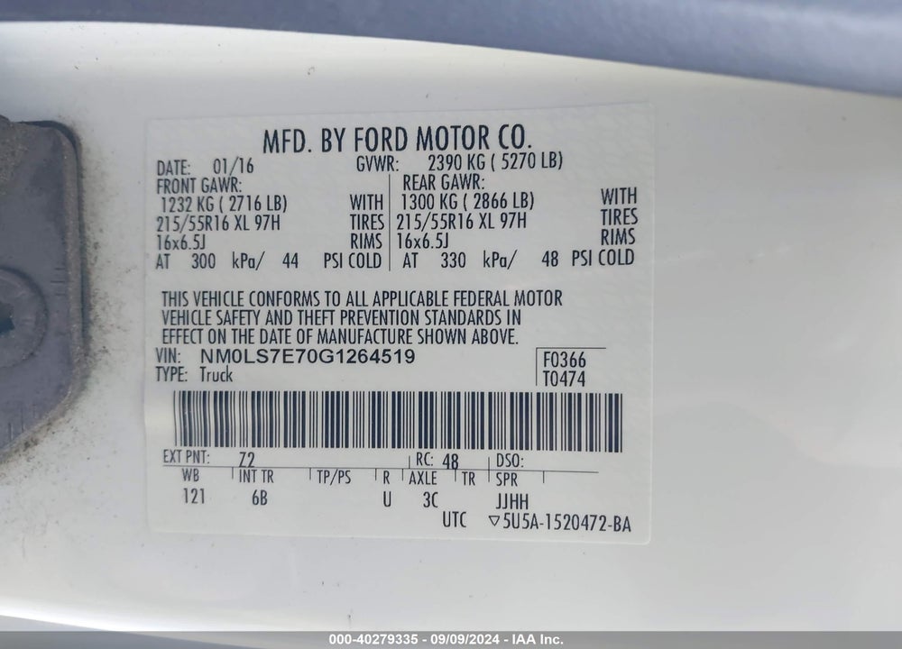 2016 FORD TRANSIT CONNECT XL VIN: NM0LS7E70G1264519