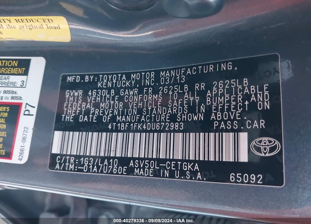 2013 TOYOTA CAMRY XLE VIN: 4T1BF1FK4DU672983