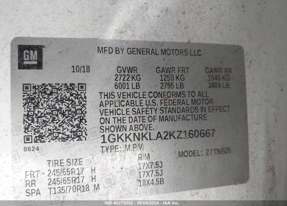 2019 GMC ACADIA SLE-1 VIN: 1GKKNKLA2KZ160667