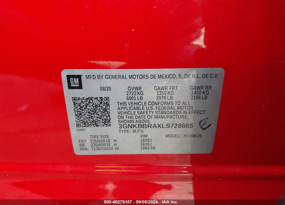 2020 CHEVROLET BLAZER FWD 1LT VIN: 3GNKBBRAXLS728665