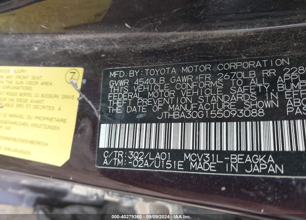 2005 LEXUS ES 330 VIN: JTHBA30G155093088