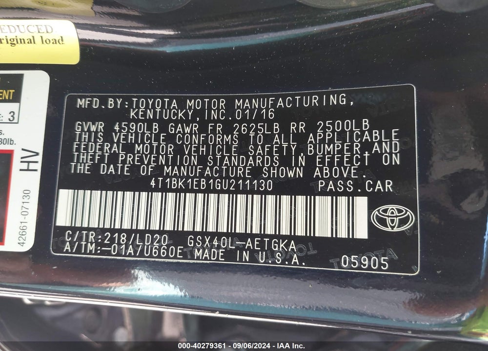 2016 TOYOTA AVALON XLE VIN: 4T1BK1EB1GU211130