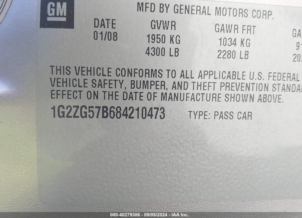 2008 PONTIAC G6 VIN: 1G2ZG57B684210473
