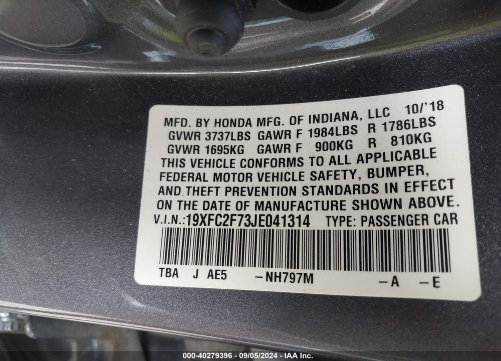 2018 HONDA CIVIC EX VIN: 19XFC2F73JE041314
