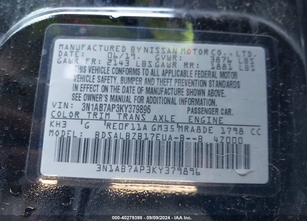 2019 NISSAN SENTRA S VIN: 3N1AB7AP3KY379896