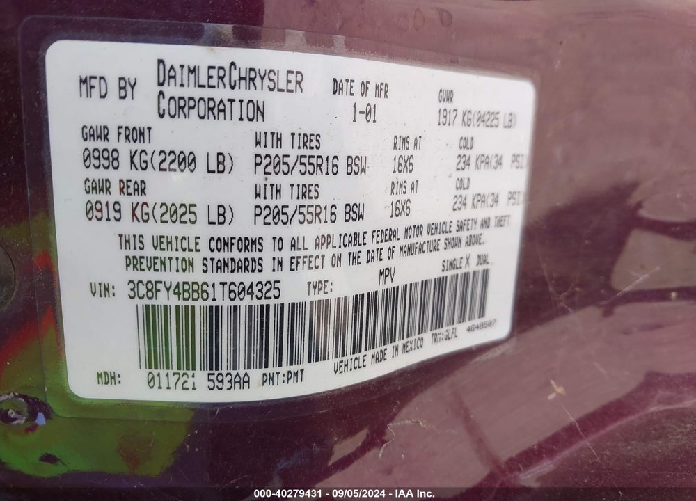 2001 CHRYSLER PT CRUISER VIN: 3C8FY4BB61T604325