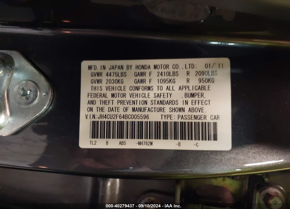 2011 ACURA TSX 2.4 VIN: JH4CU2F64BC005596
