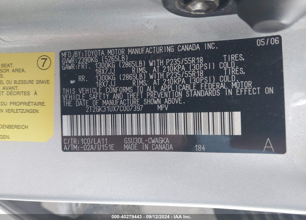 2007 LEXUS RX 350 VIN: 2T2GK31UX7C007397
